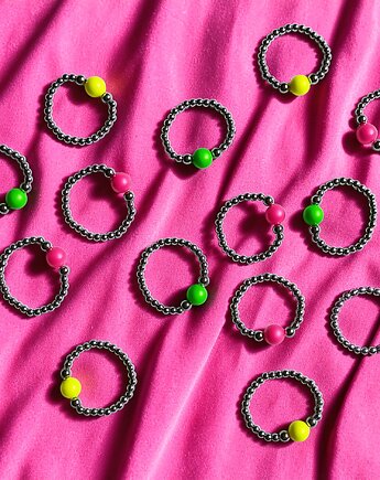 Pierścionek : GREEN : Swarovski neon pearls : silver, kaktusia