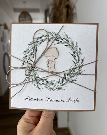 Ręcznie robiona kartka na komunię z życzeniami dla chłopca, sorte