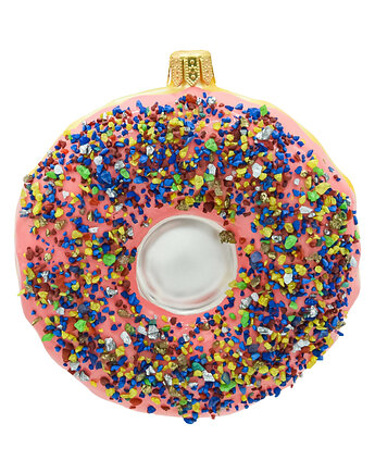 Bombka choinkowa szklana ręcznie malowana: Donut z różowym lukrem, Syn Bombkarza