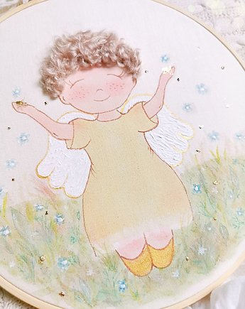 Obrazek z aniołkiem na łące, pamiątka chrztu/ narodzin dziecka, gingerolla