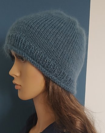 Czapka Cloche cienka przejściowa z moheru niebieska, Knit Couture