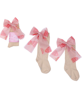 Candy Bow - Beżowe z truskawką - podkolanówki dla dziewczynki, Mamas Feet