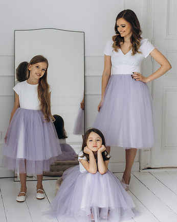 Komplet sukienek NOEMI dla mamy i córki, kolor biały + lila, mala bajka
