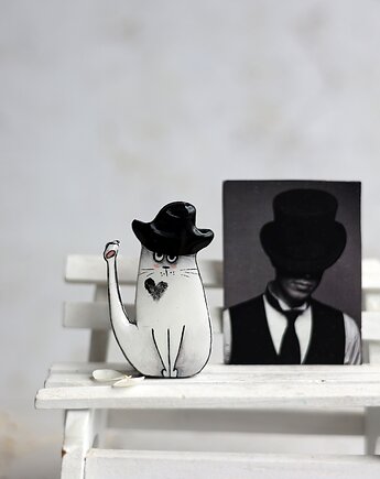 Broszka malowana Kot Marcin w kapeluszu, Black Cat