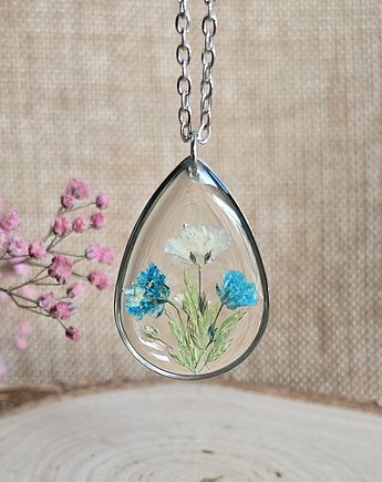 Wieczne kwiaty srebrny wisiorek łezka z niebieskim kwiatem gipsówka, zkwiatem