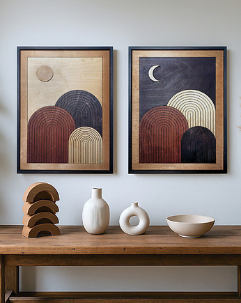 Drewniany dyptyk w stylu boho i midcentury. Słońce i księżyc. Dzień i noc., pracownia ReThing