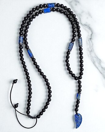 WING : lapis lazuli, onyks : naszyjnik długi : skrzydło anioła, kaktusia