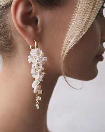 Kolczyki ślubne z białymi kwiatami i kryształkami, MariaPolymer