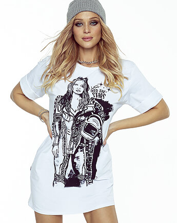T-shirt bawełniany Maxi Dugi biały z Kosmonautką  "Rebel Stories", HavanaDesign