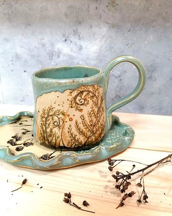Kubek + talerzyk "Paprocie" 330 ml mięta, turkus, AM Natural Home Pracownia Ceramiczna