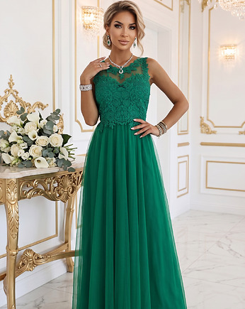672-3 Romantyczna suknia maxi na wesele z haftowaną koronką - zielona, NUMOCO