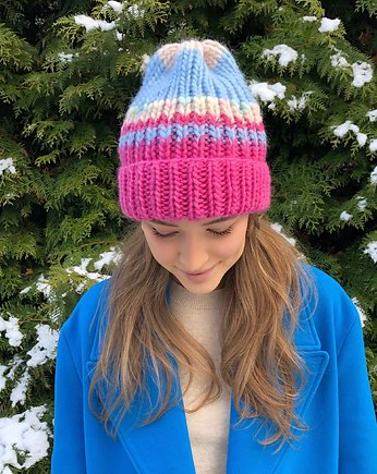Wełniana czapka handmade kolorowe ozdobne włóczki niebieska różowa, GANGSTA KNIT