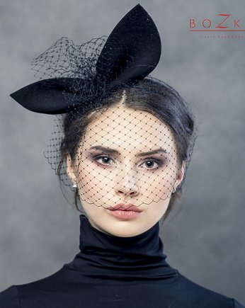 Czarna kokarda na glowę z woalką., BOZKA Luxury Handmade