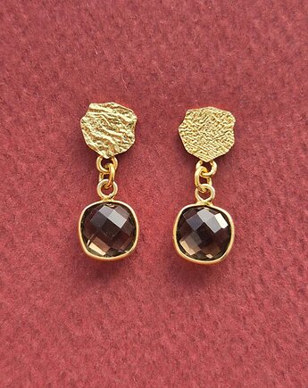 Złote kolczyki z kwarcem dymnym w okuciu, Dziewczyna i Perły