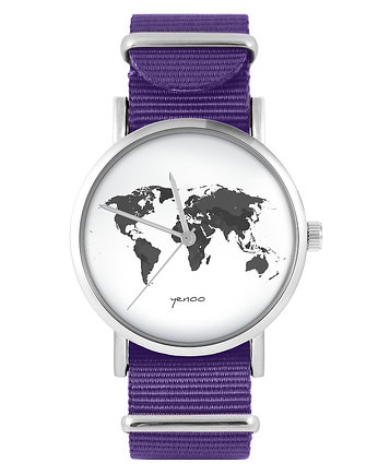 Zegarek - Mapa świata - fiolet, nylonowy, yenoo
