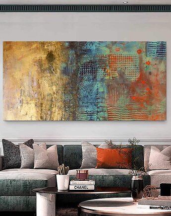 Obraz duży 100x200cm niebieski, granat, turkus, złoto, pomarańczowy, art and texture