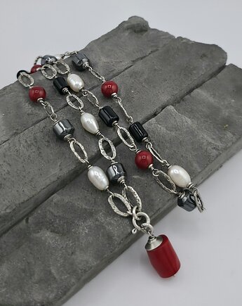 Srebrny naszyjnik z koralem, onyksem, perłami, RayOfArt