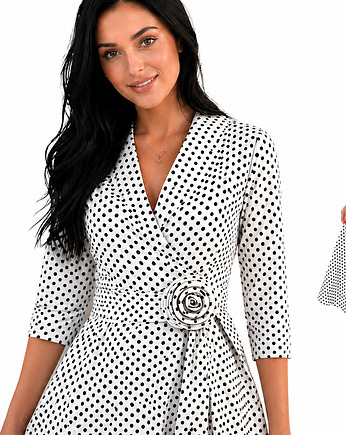 Elegancka sukienka midi w groszki kopertowa kołnierz, MM FASHION