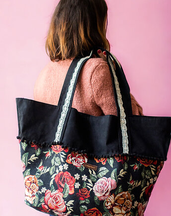 Plażowa duża czarna torba w kwiaty Huge Bag, raspberi