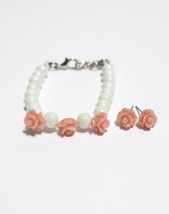 Komplet - Pudrowe różyczki - koraliki białe, yenoo
