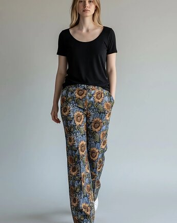 Spodnie szerokie wide leg boho słoneczniki rozmiar M, Auri Lili