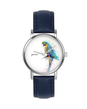 Zegarek  mały - Papuga turkusowa - skórzany, granatowy, OSOBY - Prezent dla teścia