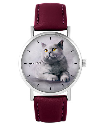 Zegarek - Kot brytyjski - skórzany, burgund, yenoo