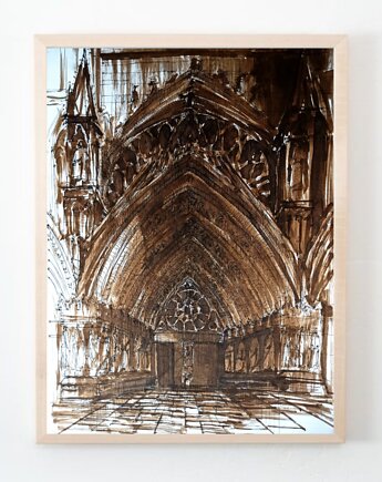WYPRZEDAŻ RYSUNKÓW! Rysunek Barokowa brama katedry 35x50 cm Pióro, Kwitnace