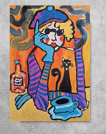 Obraz do salonu portret babci czarny kot zna odpowiedź, alice oil on canvas