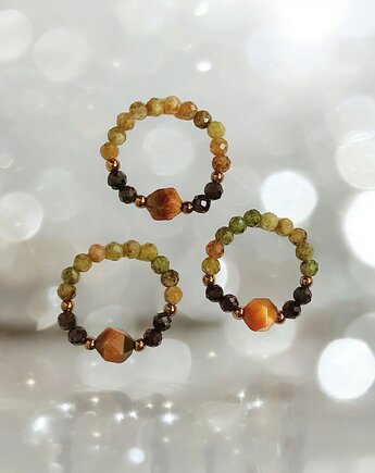 Pierścionek jesienny : granat zielony, tygrysie oko, kaktusia