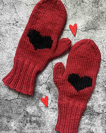 Wełniane rękawiczki czerwone  z sercem, Made by Jaga