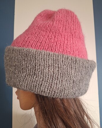 Czapka Fluffy podwójna dwustronna szaro różowa, Knit Couture