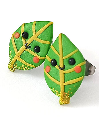 Małe kolczyki zielone liście kawaii, OMIFIMO