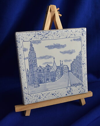 Kafel ręcznie malowany Wrocław Ratusz, Kobaltowa Sroka