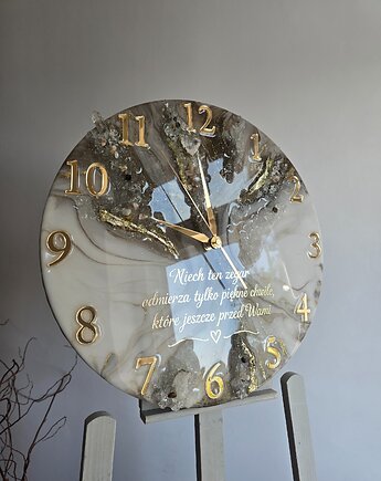 Dekoracja naścienna zegar 45cm z naturalnymi minerałami, White Resin Design