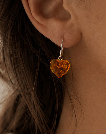 Kolczyki Serduszka Bursztyn Srebro 925 Prezent, Amber Charm