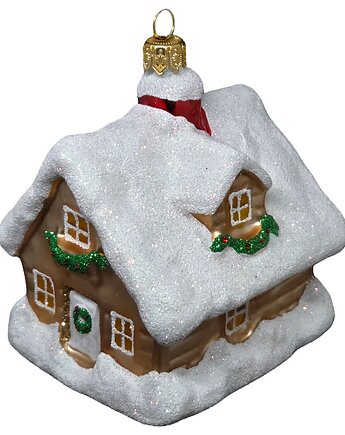 Ręcznie malowana szklana bombka brązowy ośnieżony domek, STARGLASS