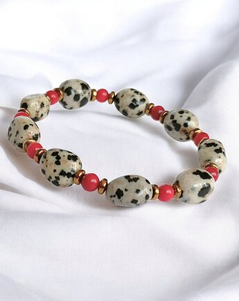 Bransoletka : INDIA : koral, jaspis, hematyt : na gumce, kaktusia