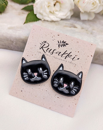 Kolczyki sztyfty czarne koty, prezent dla miłośniczki fanki kotów, Dary Rusałki