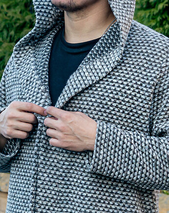 Męski Szary Ciepły Wełniany Kardigan Z Kapturem. Świetny Prezent Dla Niego., Lariko Studio