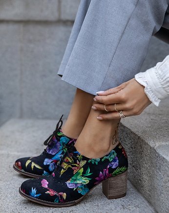 OKSFORDKI NA 6 CM SŁUPKU - SKÓRA NATURALNA - MODEL 251 - KOLOR KOLOROWE KWIATY, Zapato