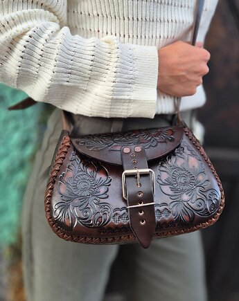 Torebka skórzana Folklora ciemnobrązowa kwiaty ręcznie robiona, SempreArte