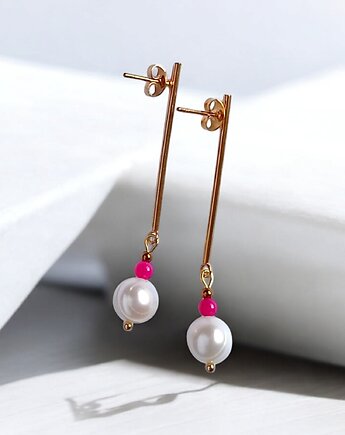 Kolczyki FUCHSIA & PEARL collection: perła i agat : długie sztyfty, kaktusia