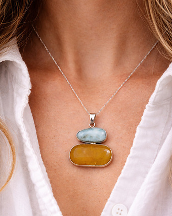 Naszyjnik Larimar z bursztynem w srebrze - Naszyjnik bursztynowy - Zawieszka, Amber Charm