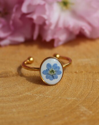 Kwiatowa łąka pierścionek z niezapominajką prawdziwy kwiat złoty, OKAZJE - Prezent na 18 urodziny