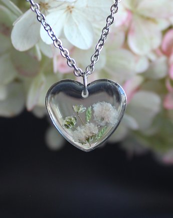 Srebrny wisiorek prawdziwe kwiaty zawieszka serce serduszko gipsówka, zkwiatem