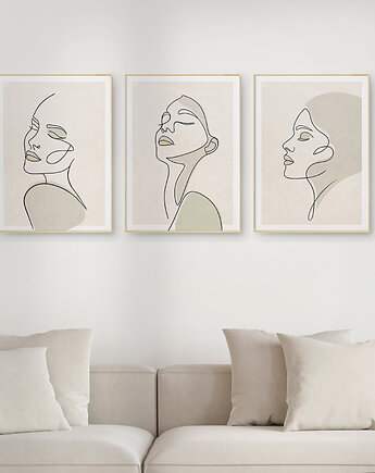 Zestaw 3 stylowych plakatów w stylu Boho, kobieta, twarz, line art., Grawisfera