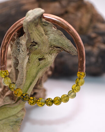 Bransoletka miedziana handmade z koralikami: smoczy agat, FutharkCopper