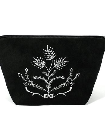 Czarna kosmetyczka z białym haftem, RękaProduction