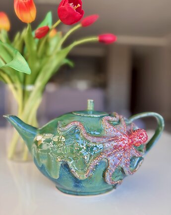 Turkusowy imbryk z motywem ośmiornicy., NG Autorska bizuteria ceramiczna